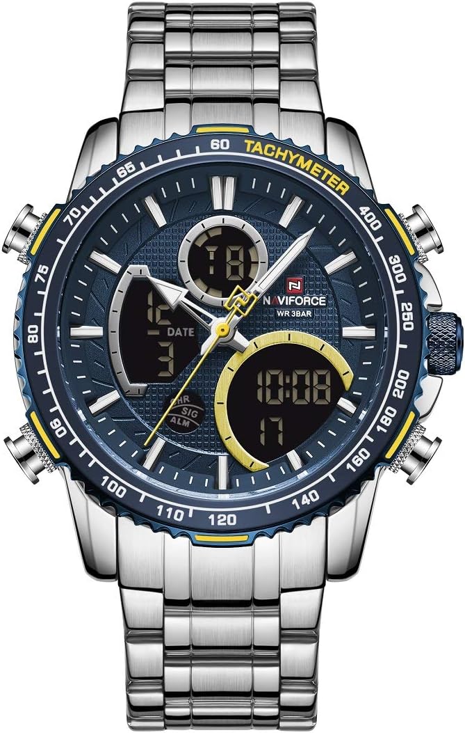 Men Analog Digital Chronograph Blue Dial Stainless Steel Strap Sport Quartz Watch